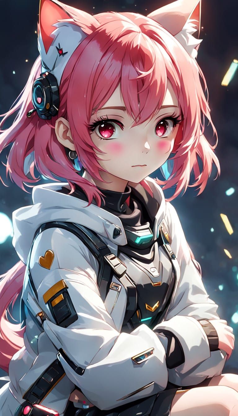 Anime Girl with Red Eyes and Pink Hair in Whimsical Feline S...