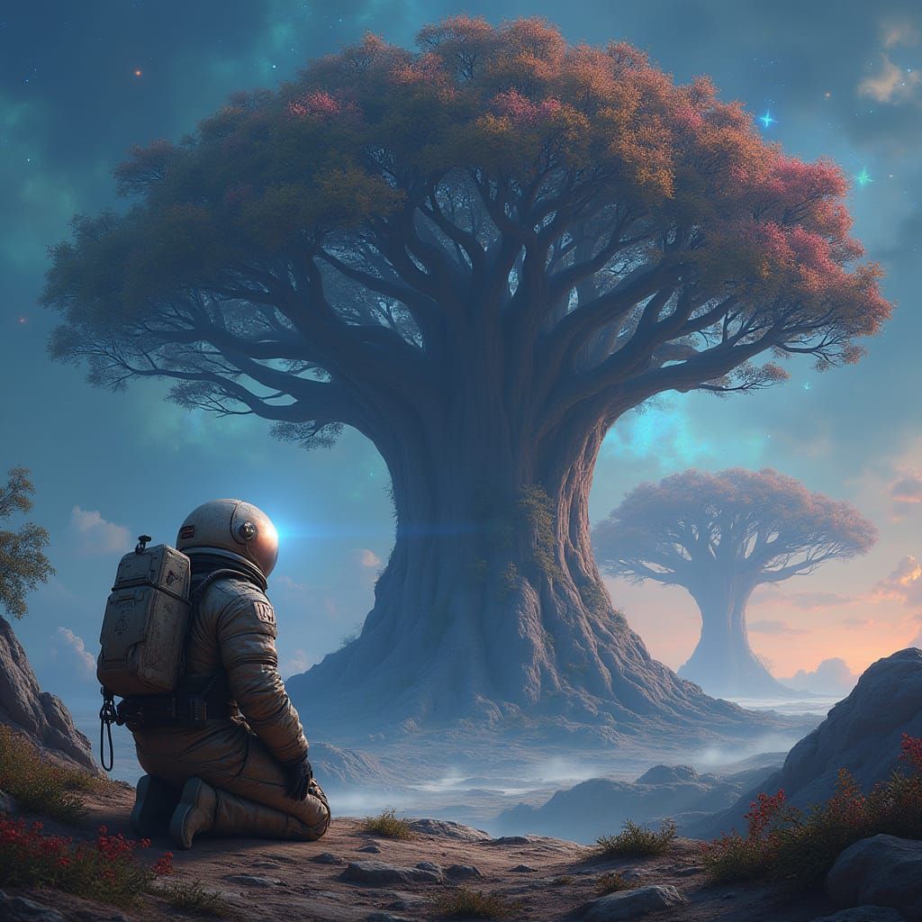 Astronaut and Ancient Tree on Alien Planet