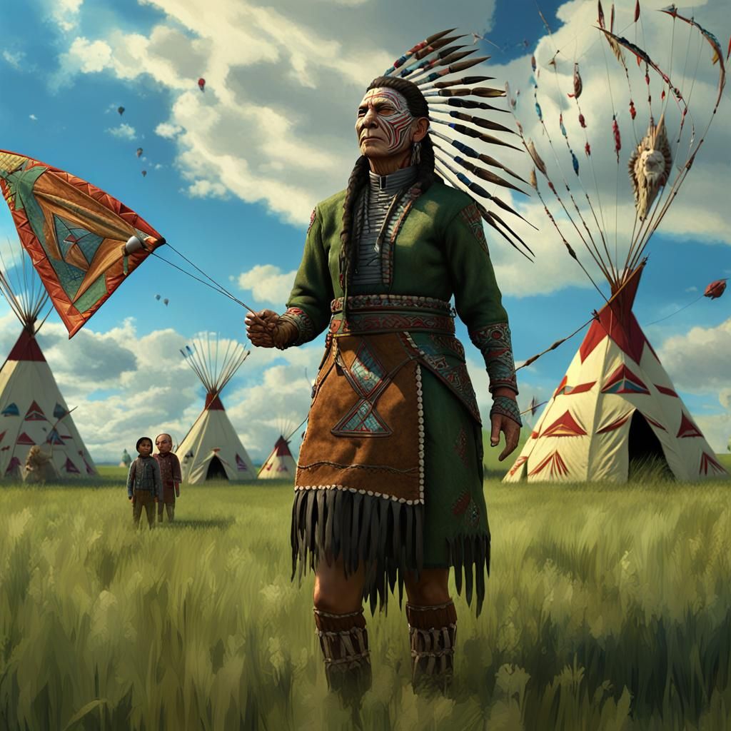 Native American Pinhead Flies Kites: Dark Fantasy Art