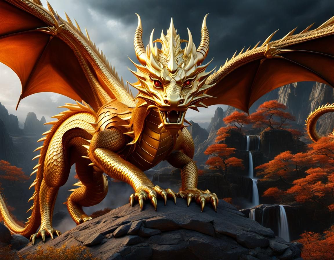 Golden Dragon vs Onyx Dragon in Detailed Matte Painting