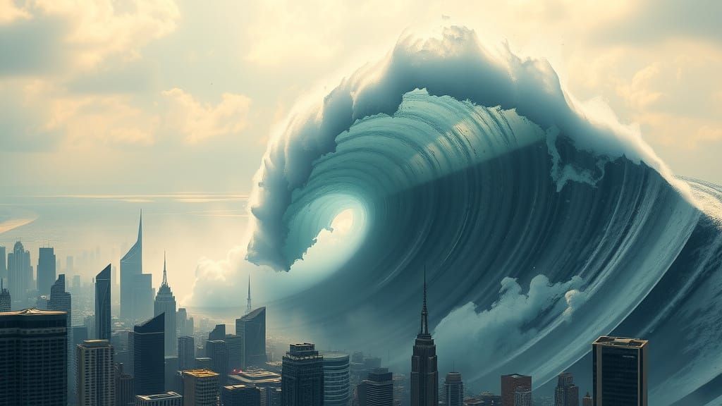 Dystopian Futurism: Colossal Tidal Wave Over Metropolis
