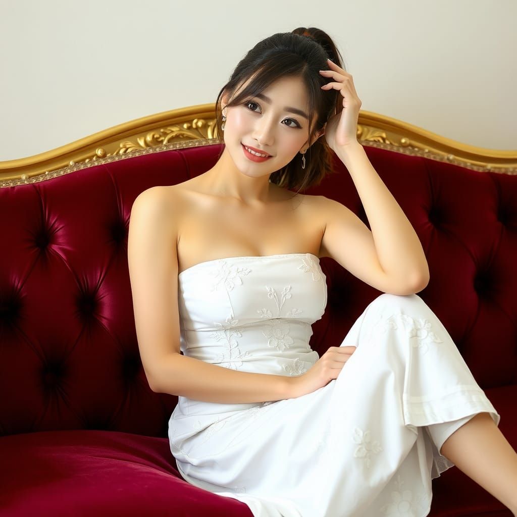 Elegant Japanese Woman on Velvet Sofa