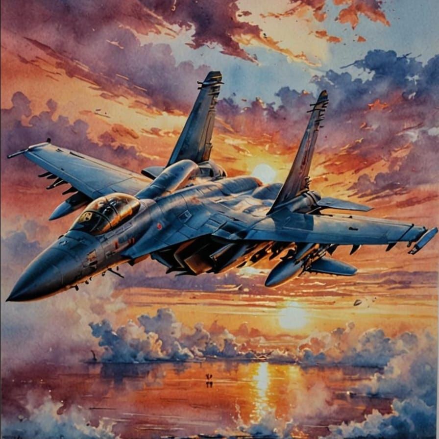 Sukhoi Su-30 Fighter Jet Watercolor Sunset