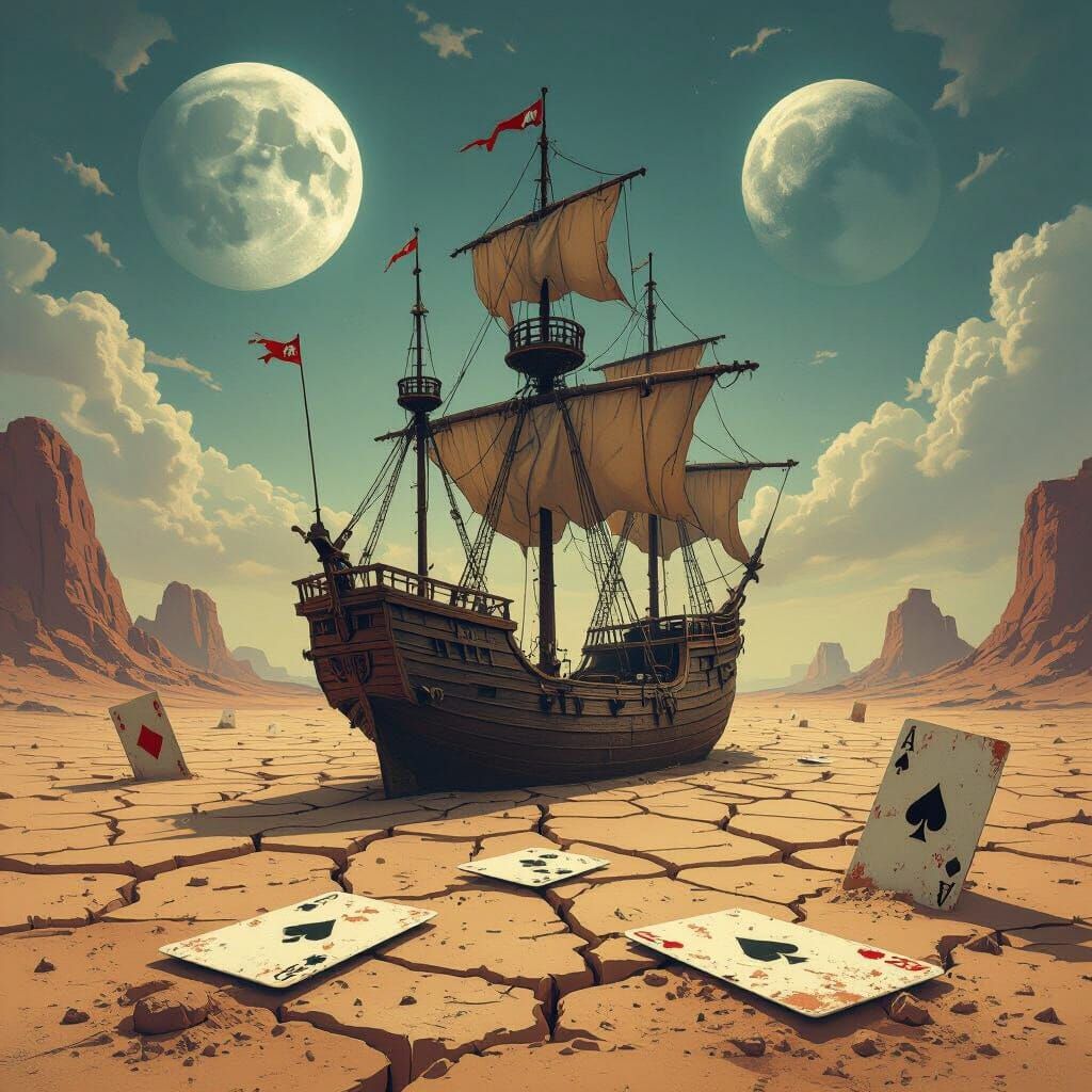 Surreal Desert Landscape with Giant Playing Cards and Two Mo...