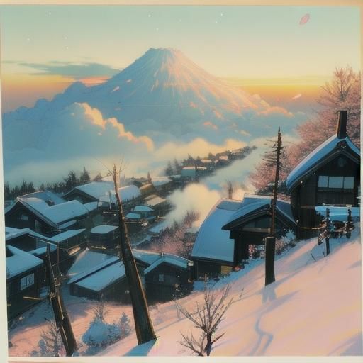 Anime Winter Village Sunset with Cherry Blossoms
