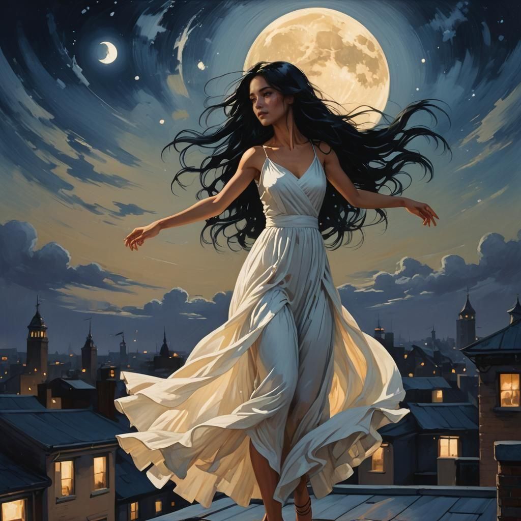 Girl Dancing on Rooftop in Moonlight: Detailed Matte Paintin...