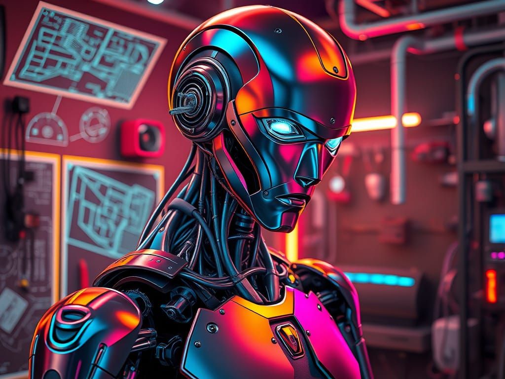 Futuristic Android Mechanic in a Cyberpunk Workshop