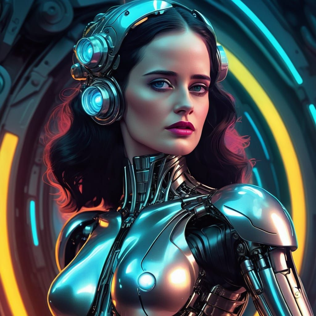 Cyborg Goddess in Neon Noir Futurism