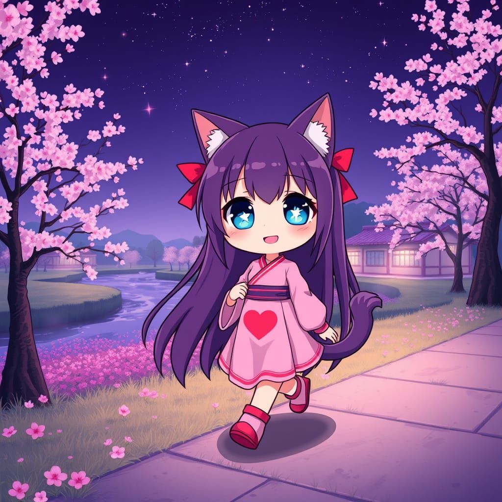 Chibi Catgirl Walks in Synthwave Japanese Park