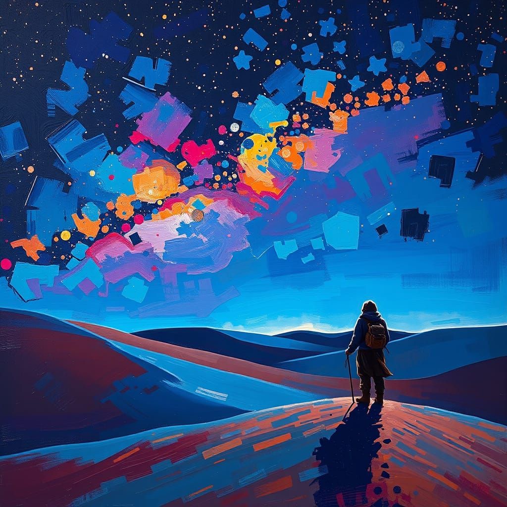 Lone Adventurer Under Sahara Stars in Neo-Impressionist Styl...