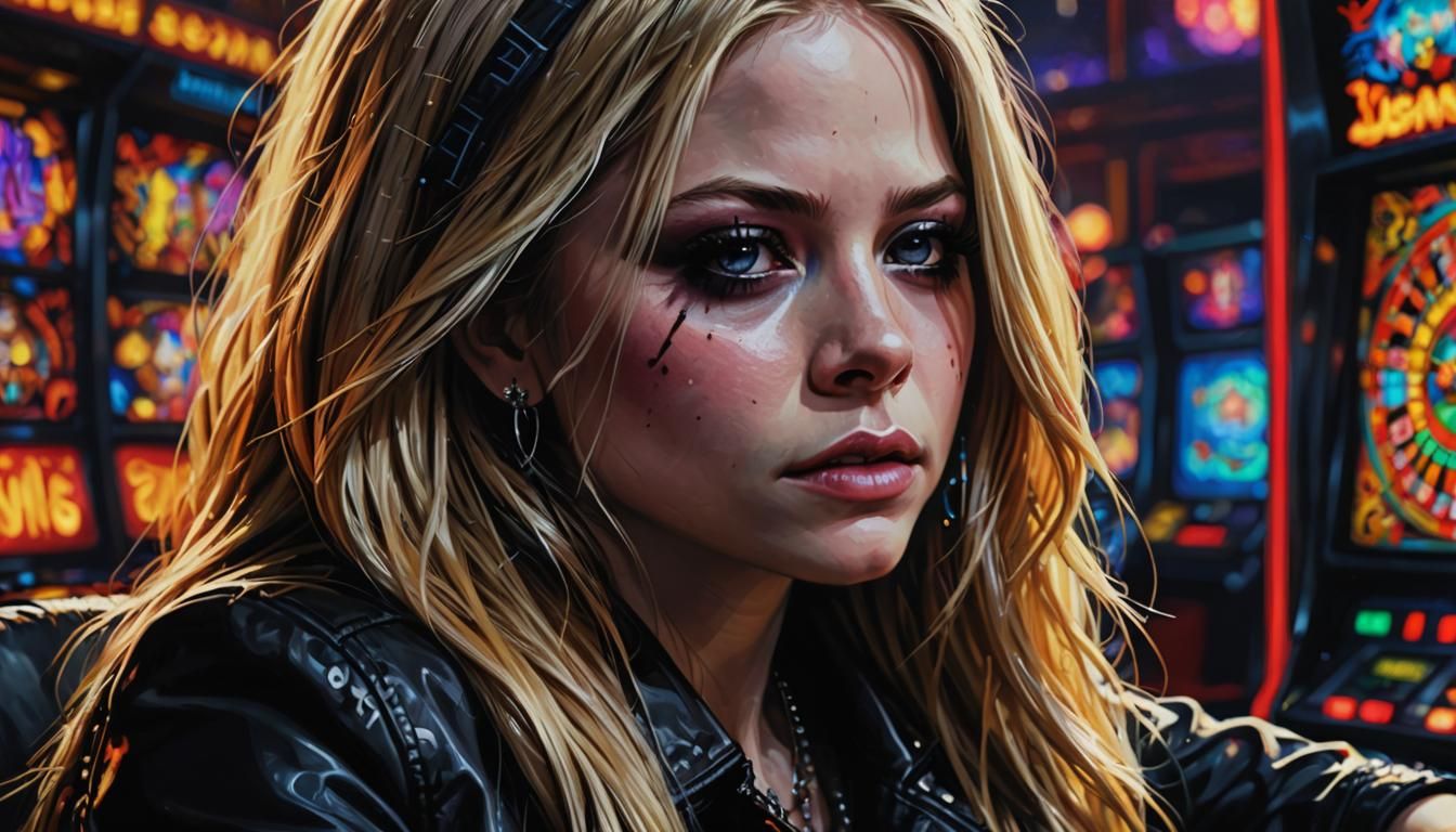 Avril Lavigne in a Dark Casino: Hyperrealistic Portrait