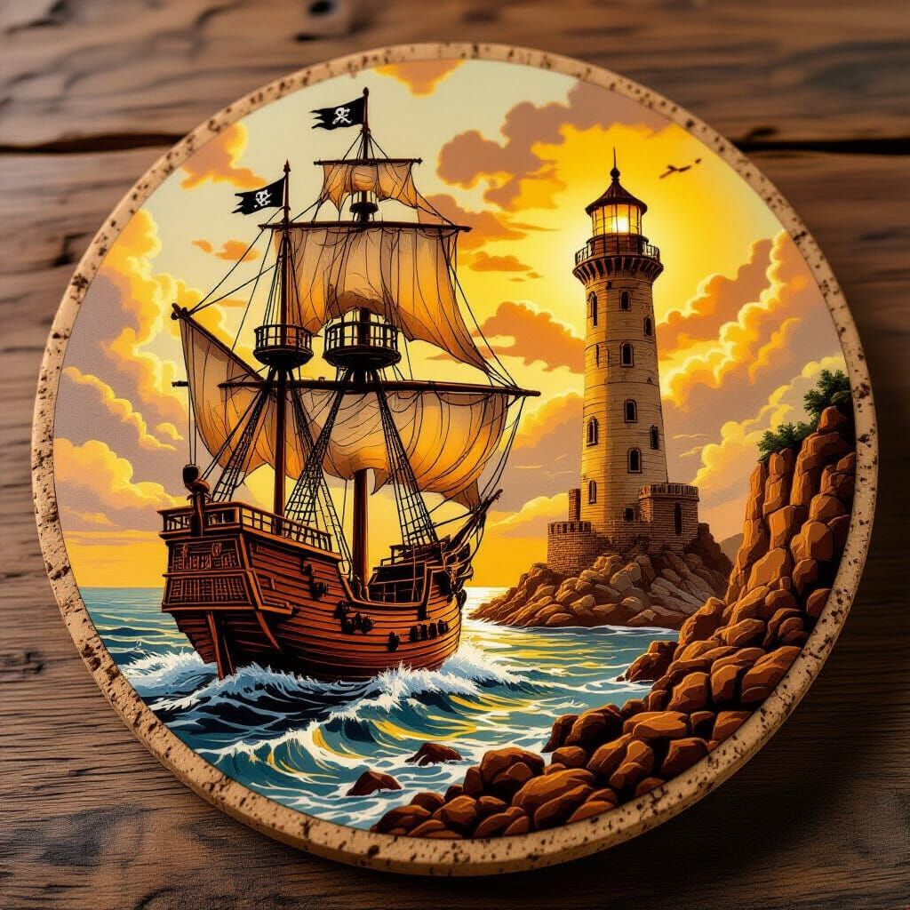 Pirate Ship Pyrograph on Cork Trivet