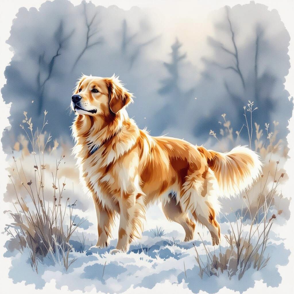 Golden Retriever Pauses on Frosted Meadow in Dreamlike Style