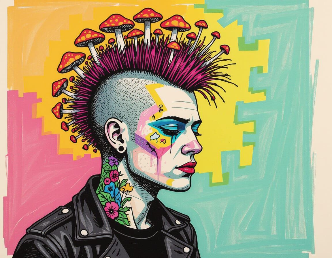 Punk Portrait with Fungi Mohawk in Abstract Style
