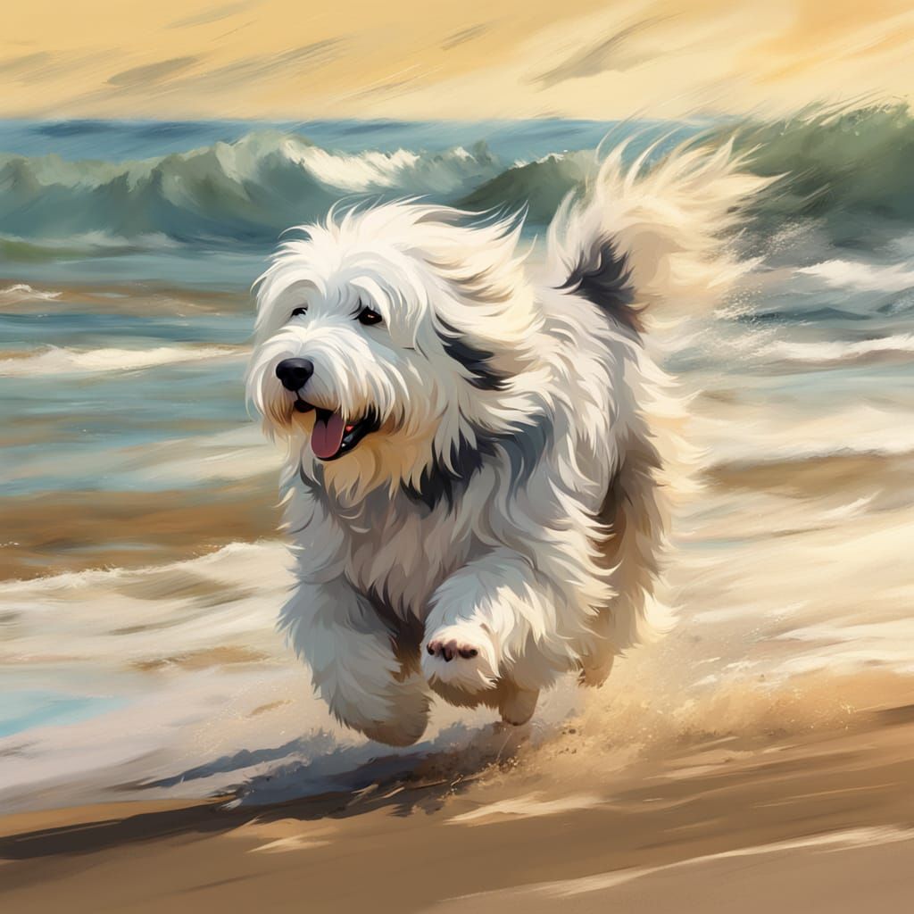 Old English Sheepdog Running on Beach in Impressionist Style