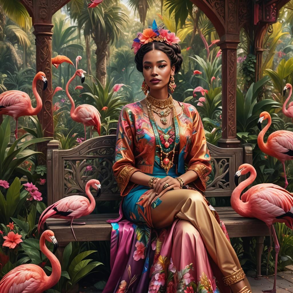 Exotic Woman in Whimsical Garden: Fantasy Concept Art