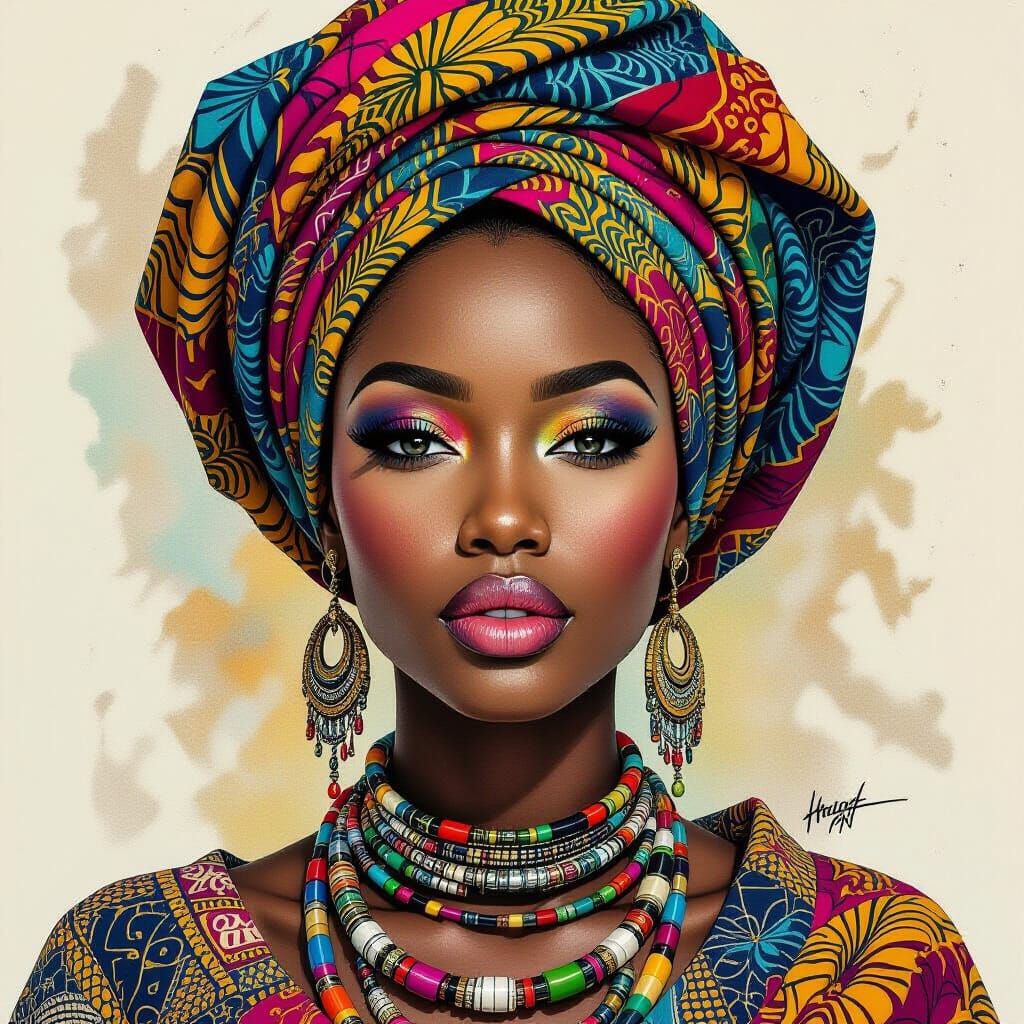 Hyperrealistic Portrait of African Woman in Colorful Attire