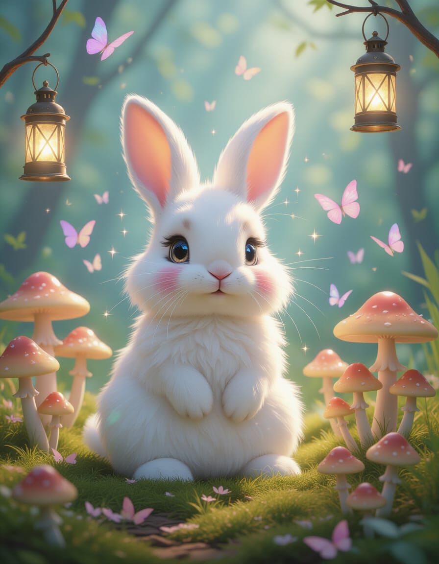 Magical Bunny on Glowing Mushrooms with Floating Lanterns