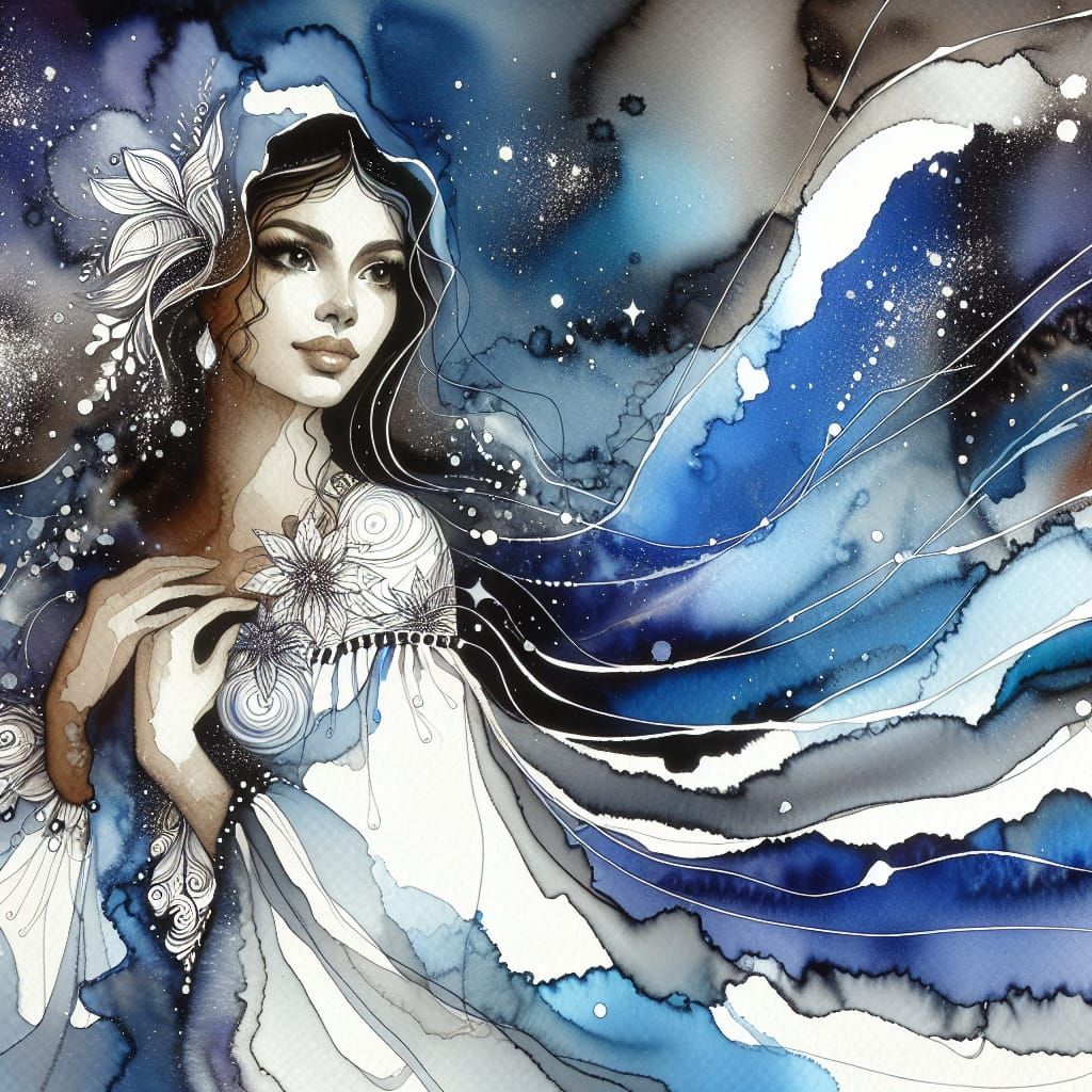 Ethereal Hispanic Woman Under Midnight Sky with Shimmering S...