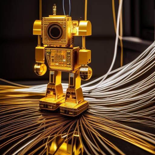Golden Robot Sees Reflection in Electric Mirror