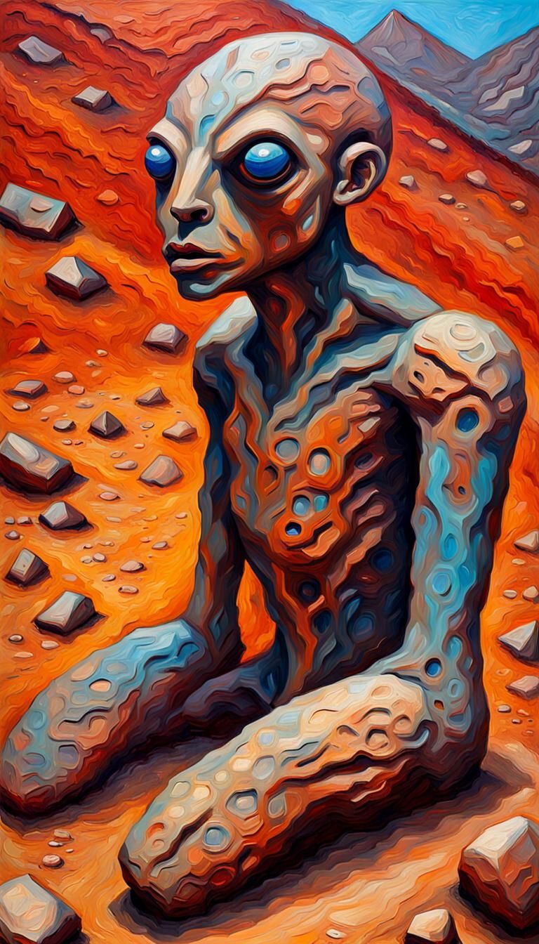 Martian Stone Creature: Neo-Impressionist Oil Painting
