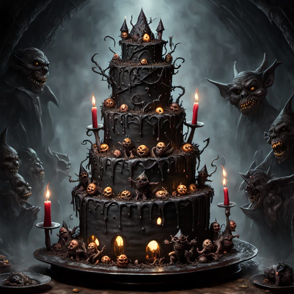 Dark Themed Birthday Cake with Creepy Goblins