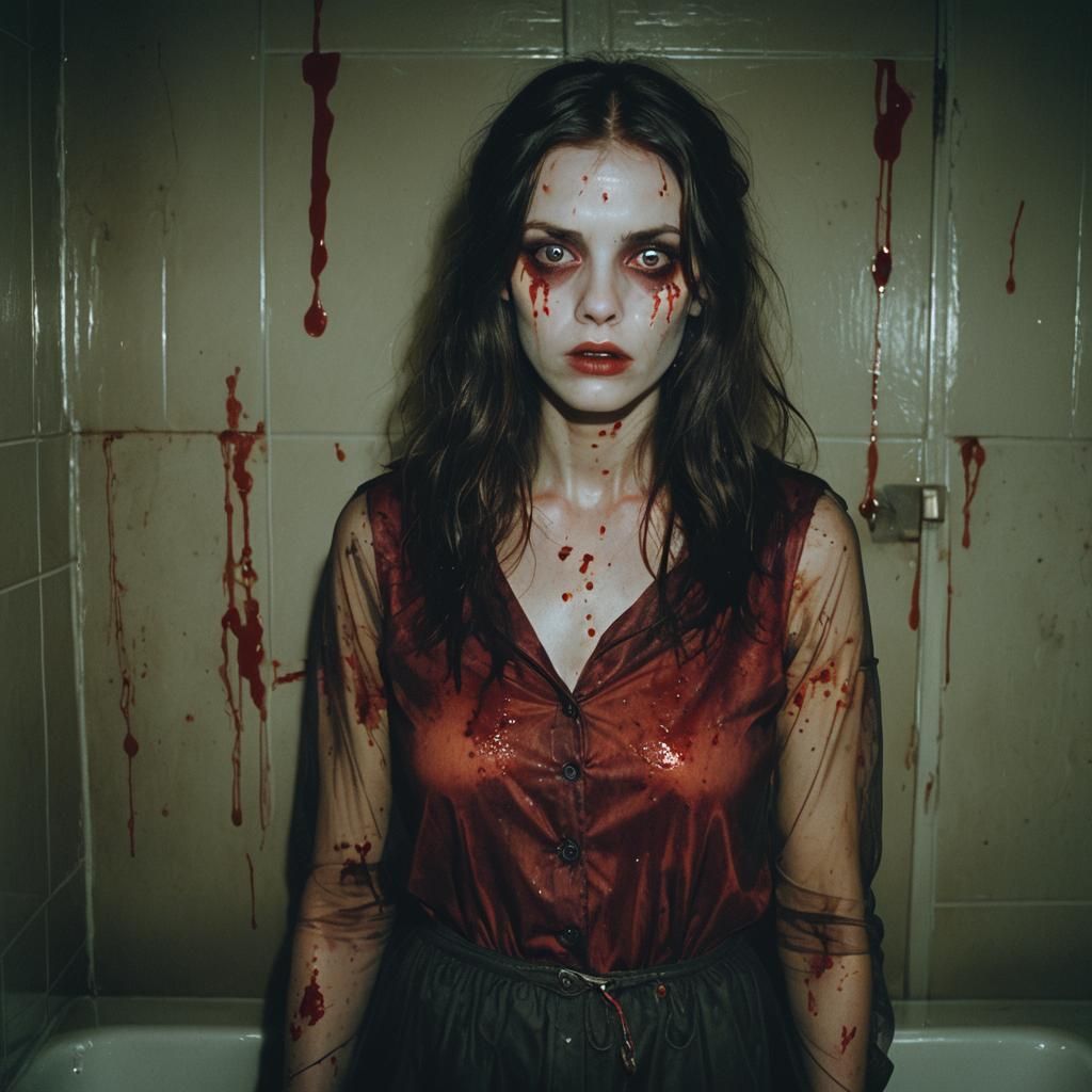 Eerie Bloody Mary Stare in Dimly Lit Bathroom