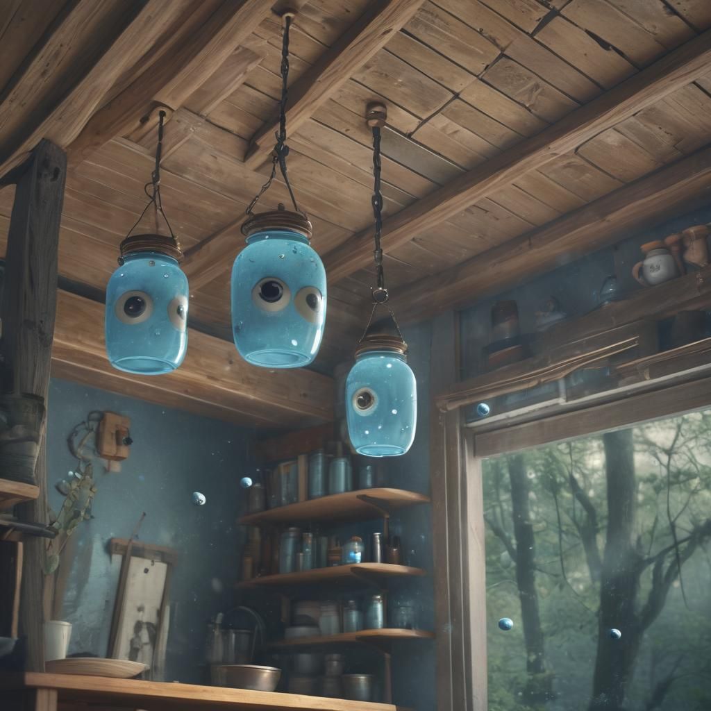 Anime Eyeballs in Jars: Forest Cottage Scene