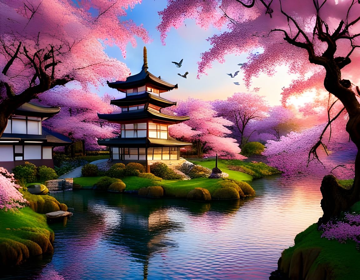 Hyperdetailed Japanese Cherry Blossom Garden Scene