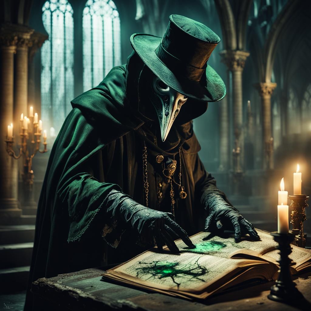 Plague Doctor Casting Magic in Dark Cathedral
