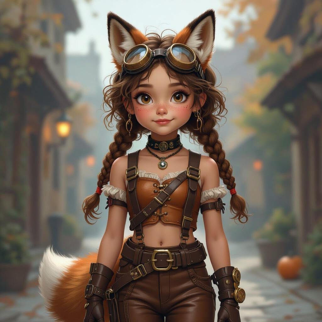 Steampunk Fox Girl Trick-or-Treating in Digital Art Style