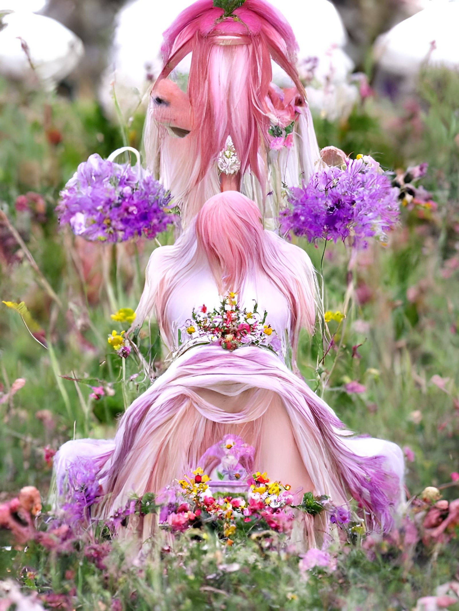 Pink-Haired Goddess on Throne in Flower Meadow