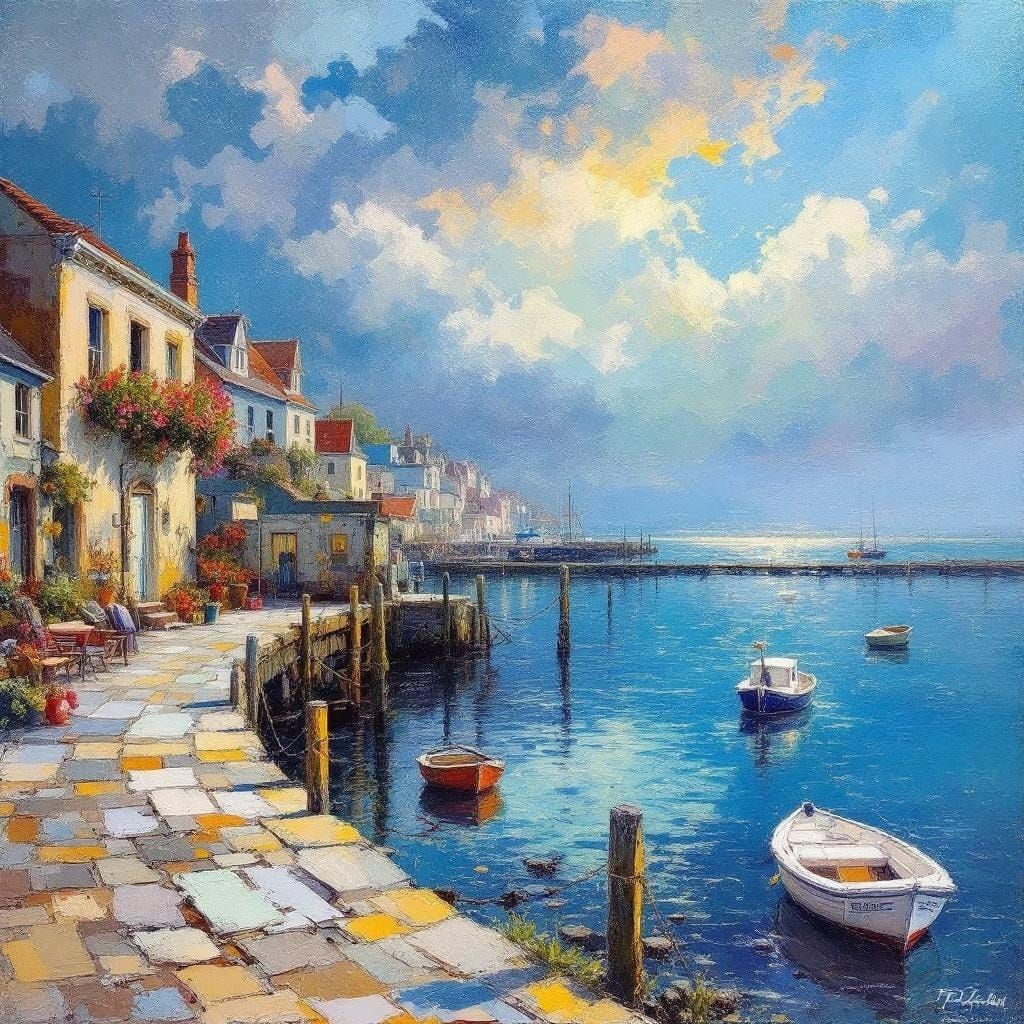 Maine Harbor Sunset in Encaustic Impressionist Style