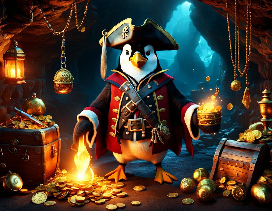 Pirate Penguin's Treasure Cave: Fantasy Art