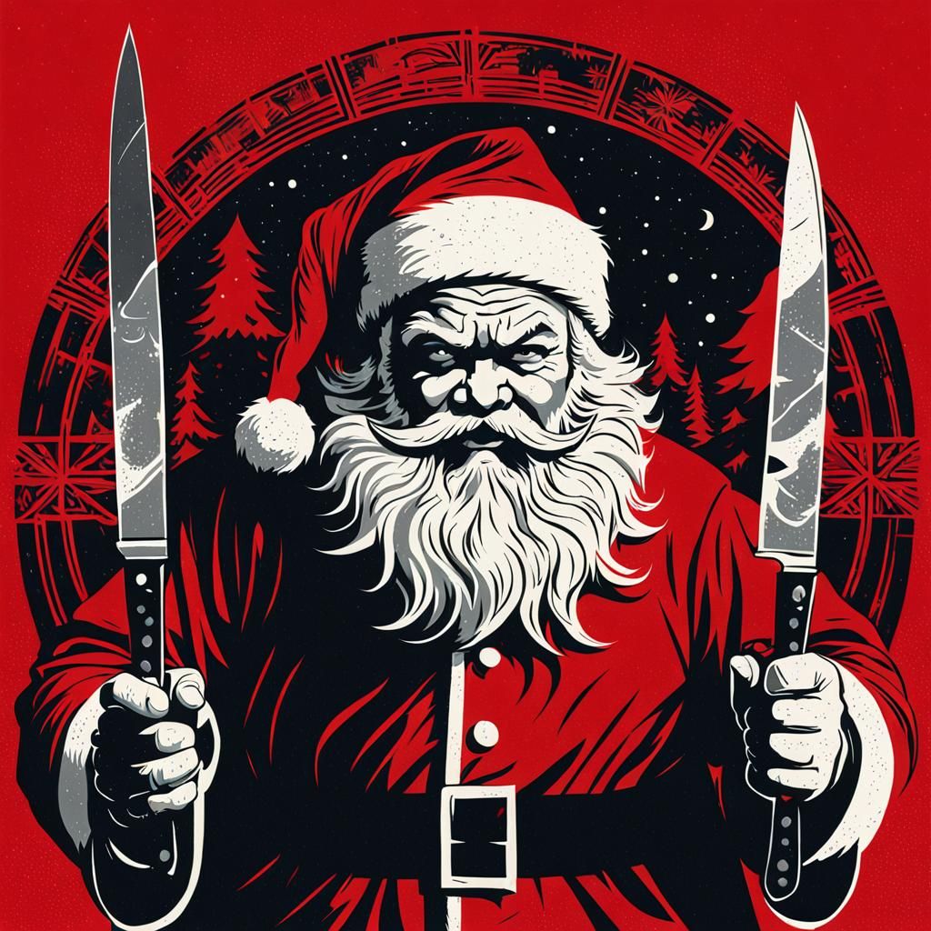 Surreal Cyberpunk Santa with Knives in a Blood-Red Haze