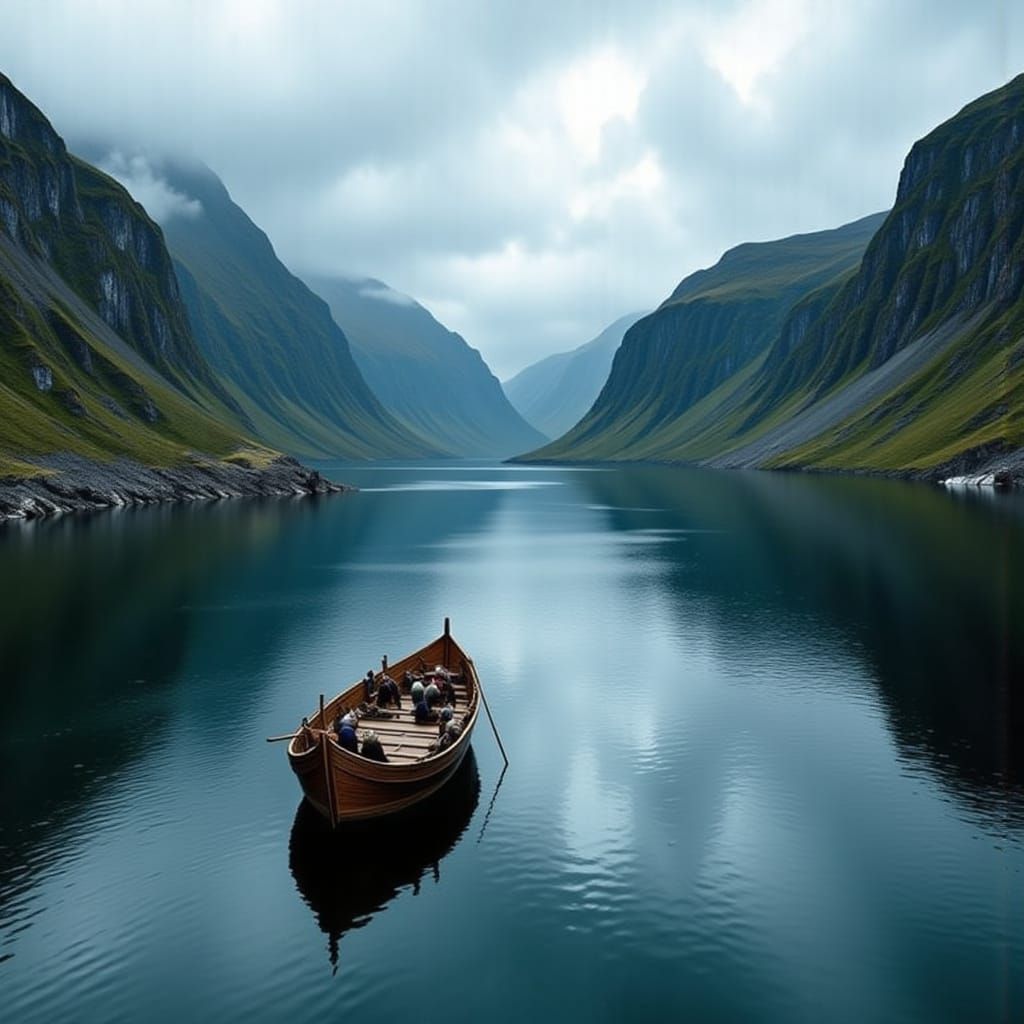 Overhead View of Viking Ship in Fjord