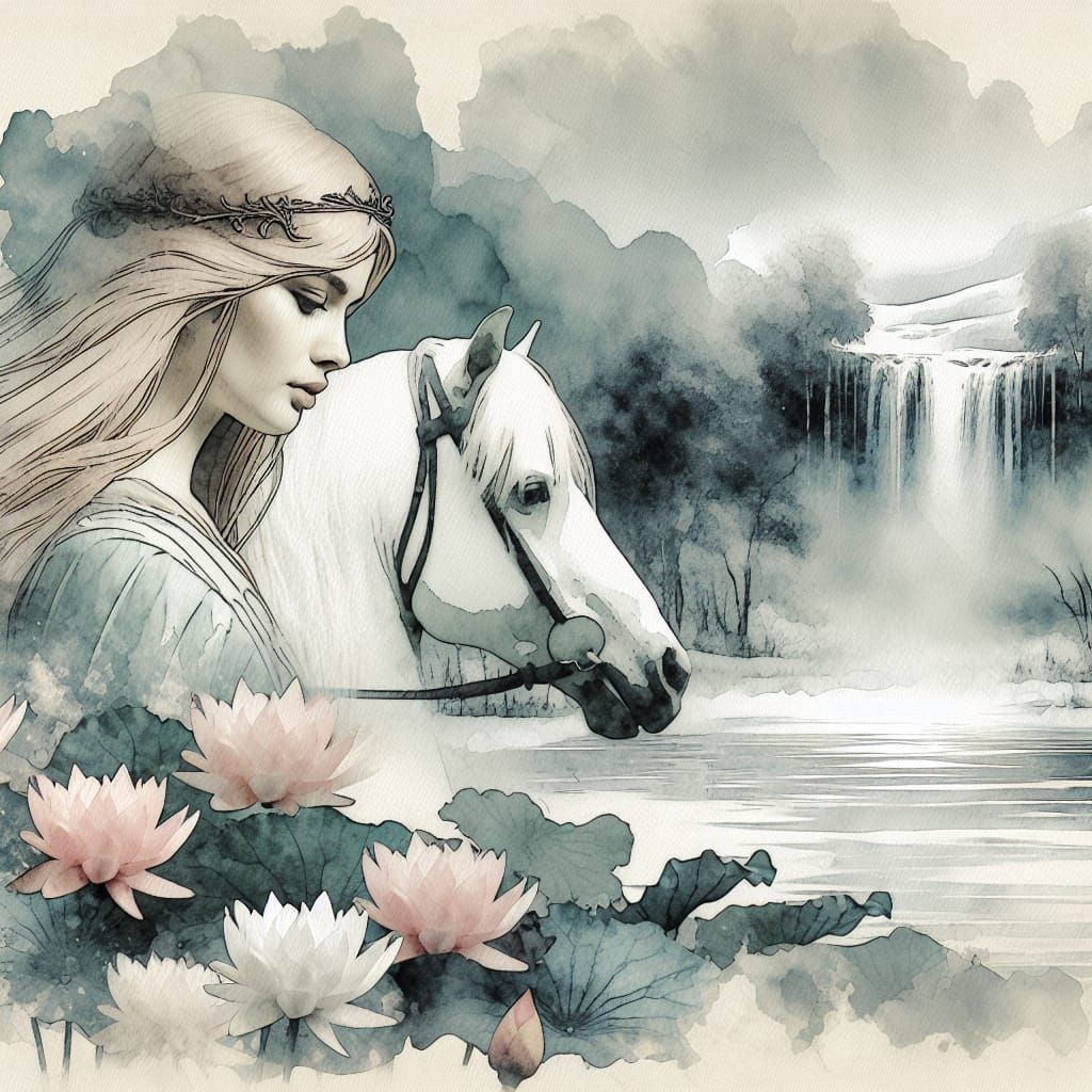 Lady Godiva Dreamscape in Watercolour Style