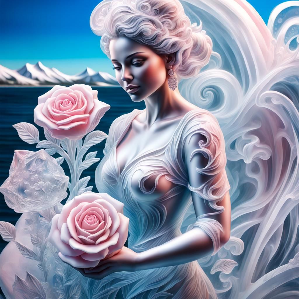 Ice Sculpture of Woman with Rose: Airbrush Art