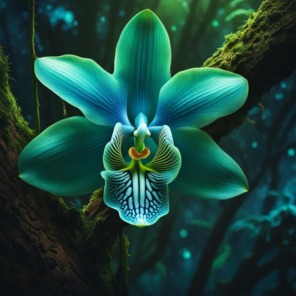 Bioluminescent Orchid in Rainforest, Holographic Illustratio...