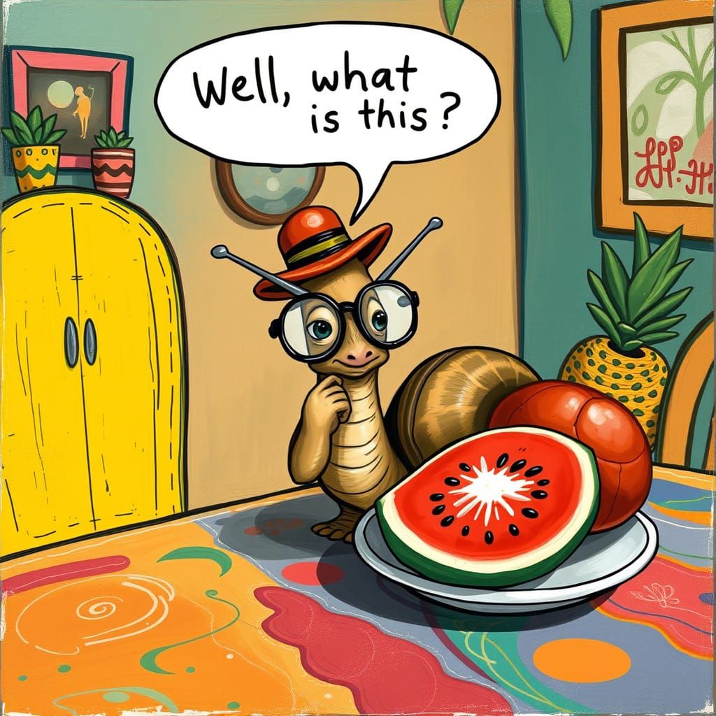 Contemplative Snail with Fruit Plate in Cartoon Style