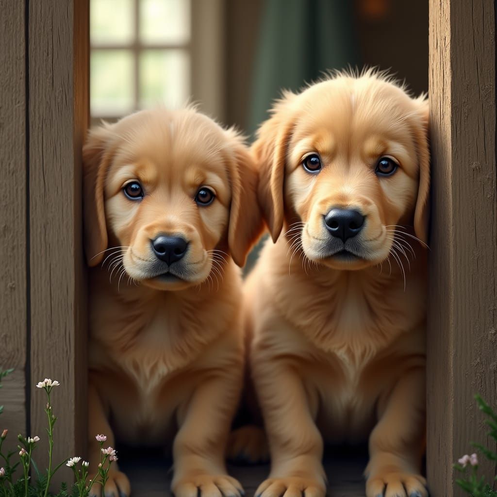 Curious Golden Retrievers Behind Wooden Door Frame