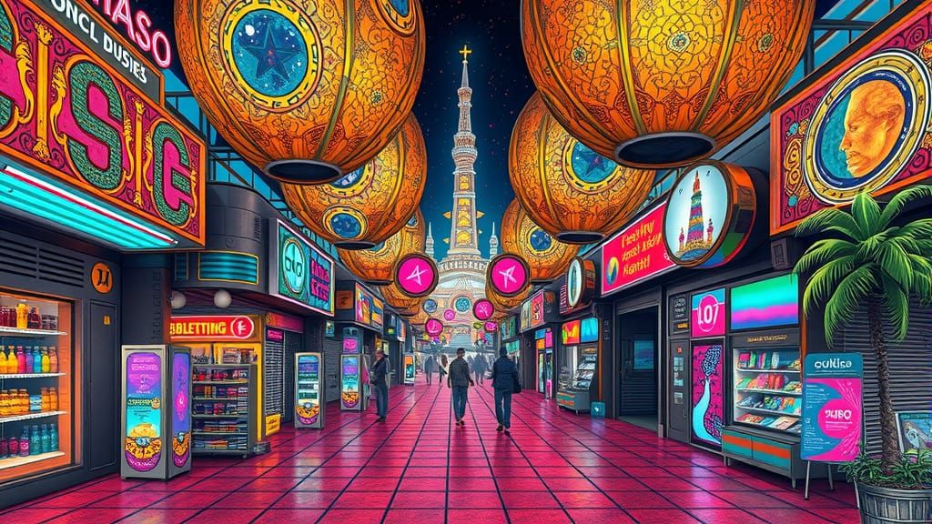 Alien Market with Byzantine and Vaporwave Styles