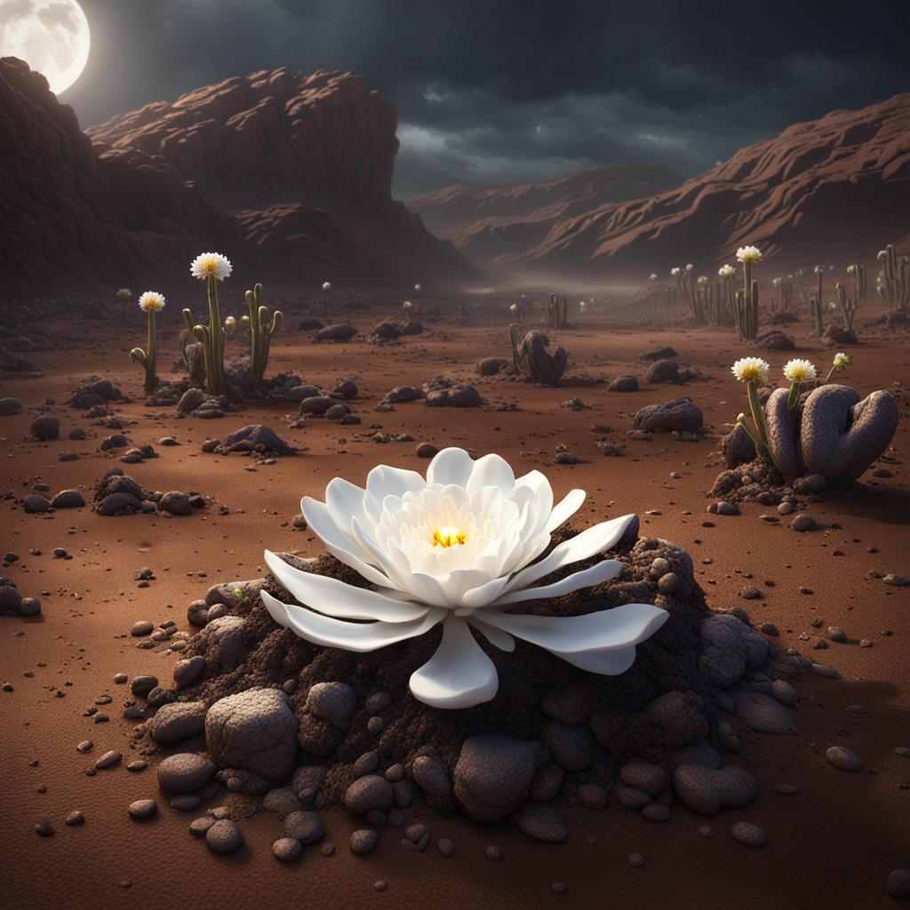 White Flower Emerges from Dark Desert Soil