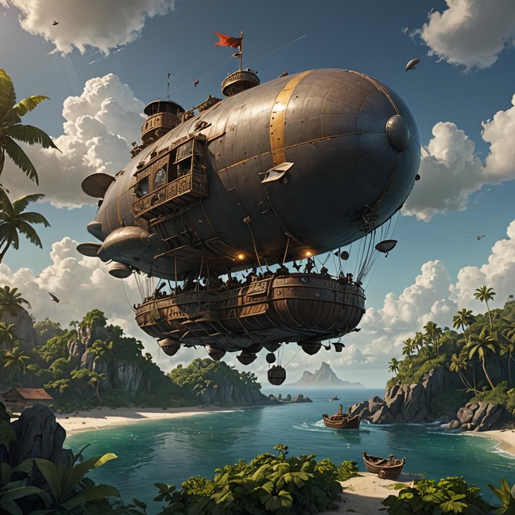 Dwarf-Piloted Medieval Blimp Over Tropical Island