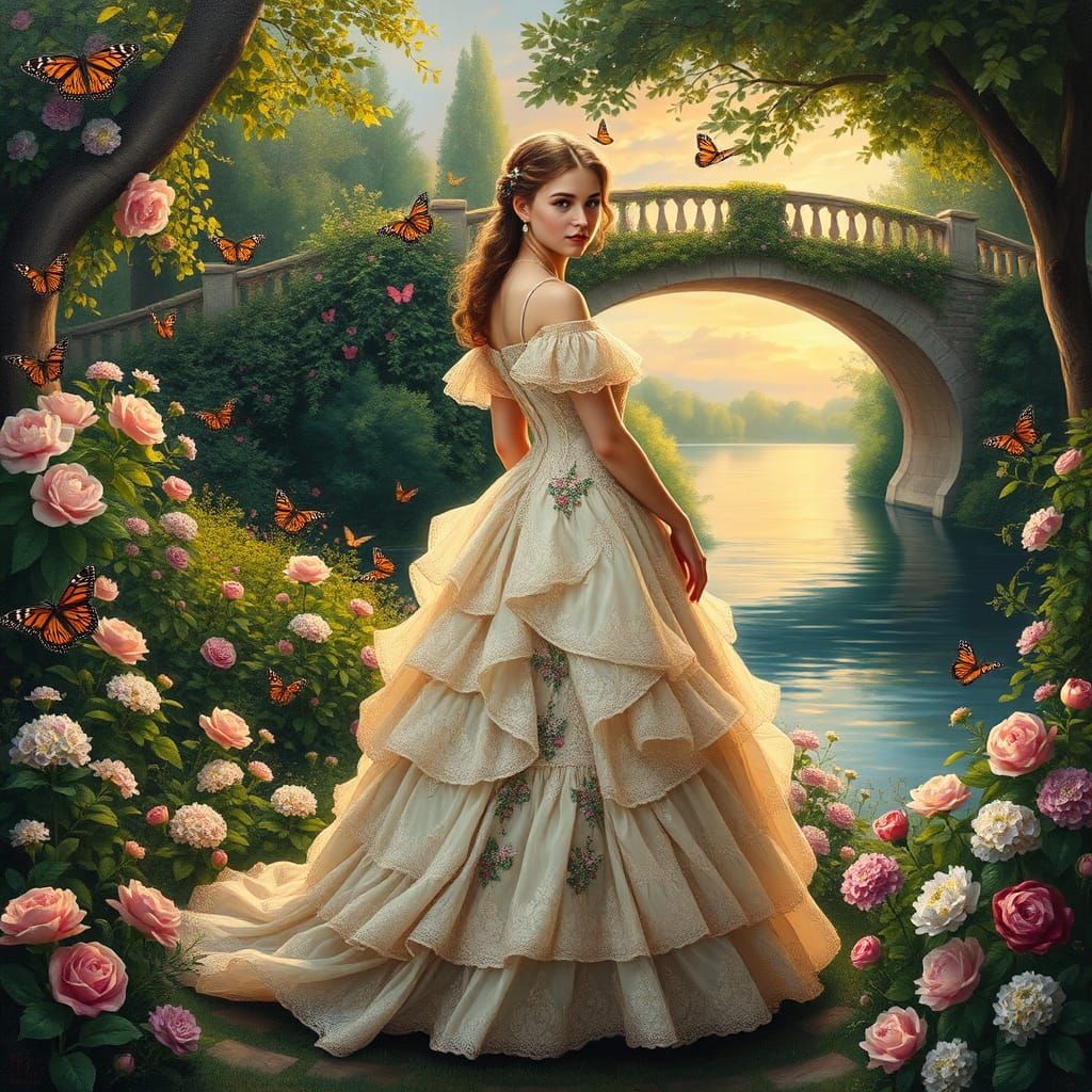 Woman in Garden with Butterflies, as Oil Painting