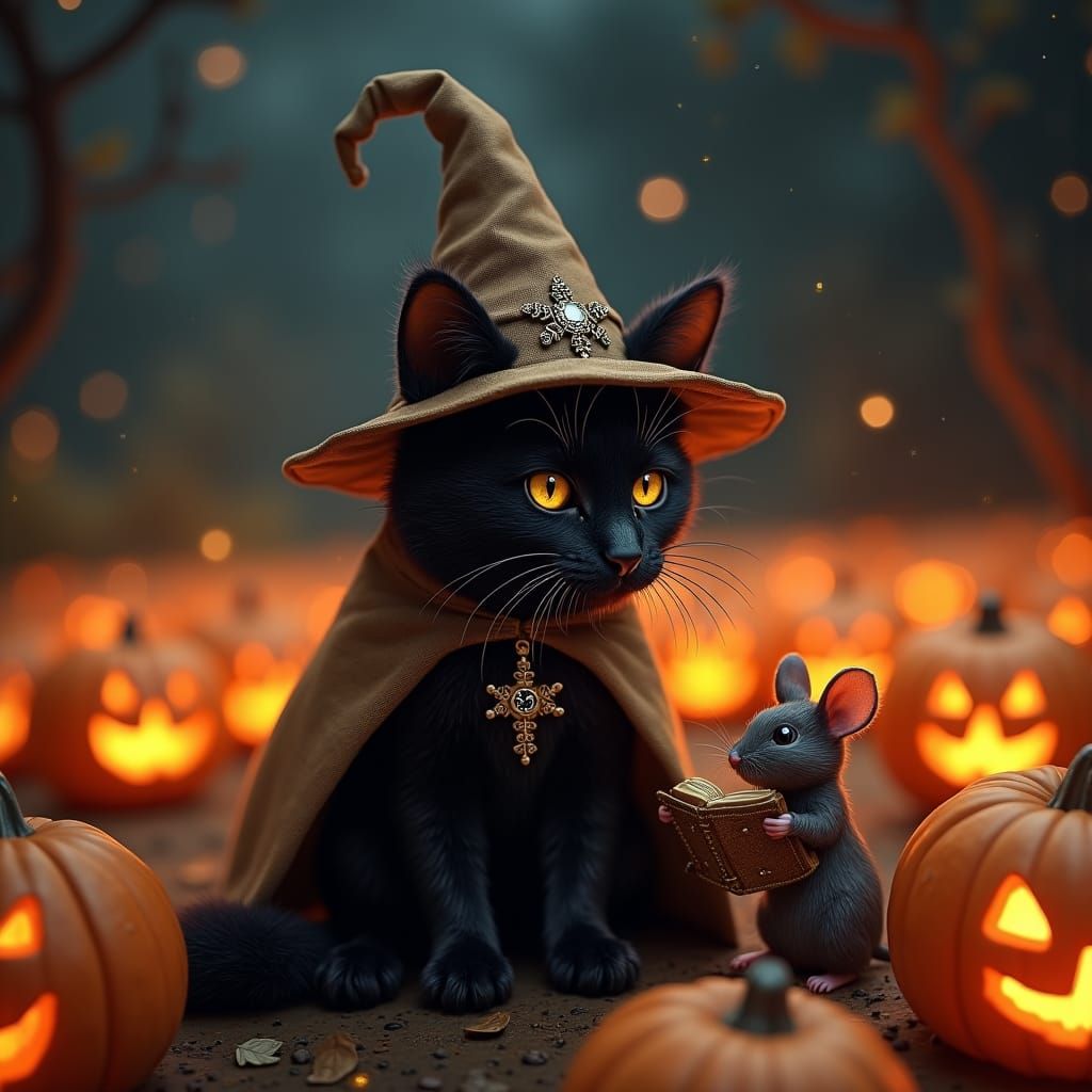 Black Cat Wizard Under Starry Halloween Sky