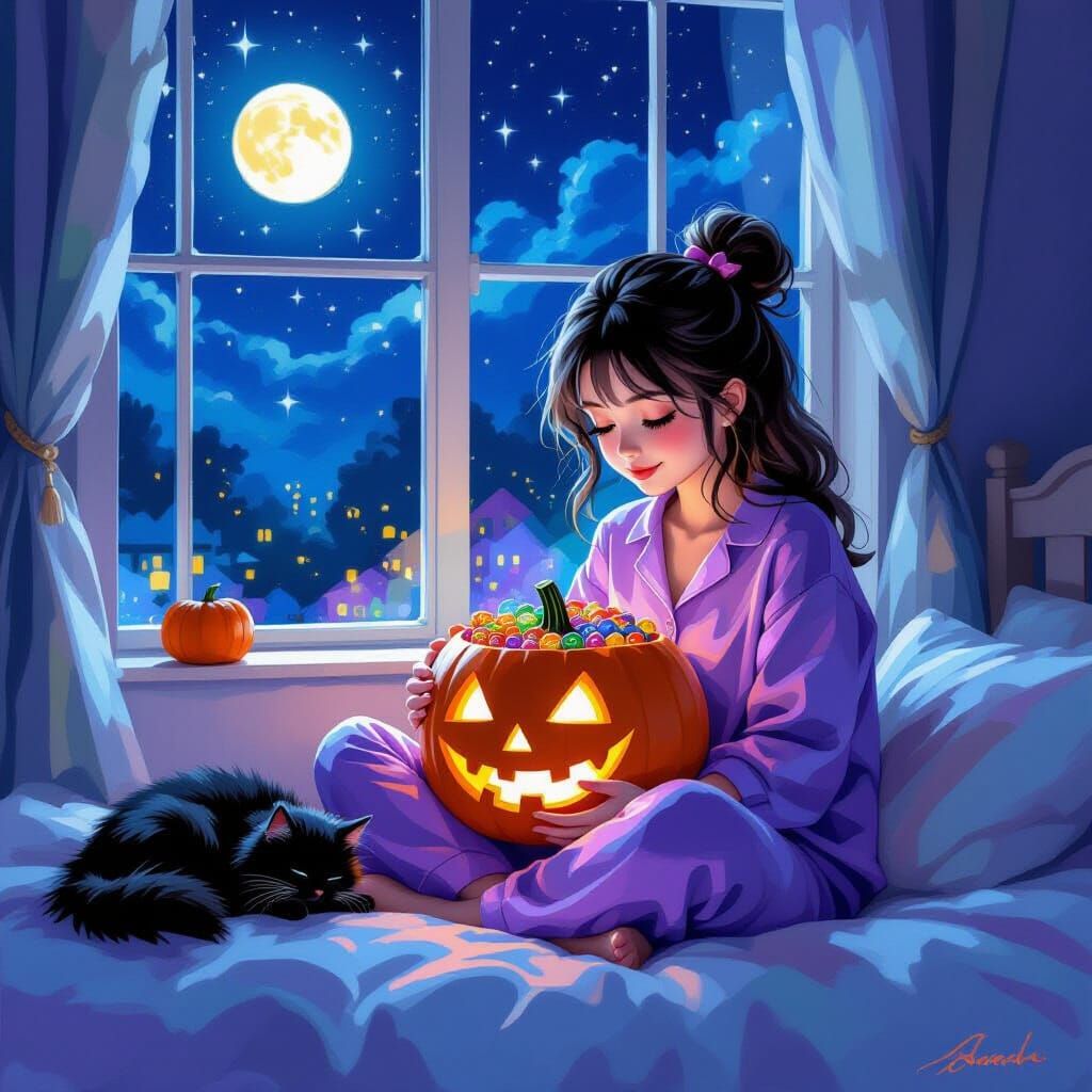 Cute Woman with Pumpkin & Cat in Starry Night