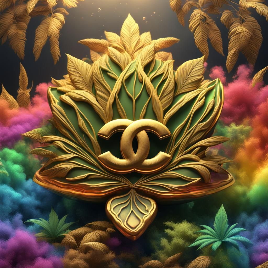 Gold Chanel Logo with Rainbow Leaf, Digital Art