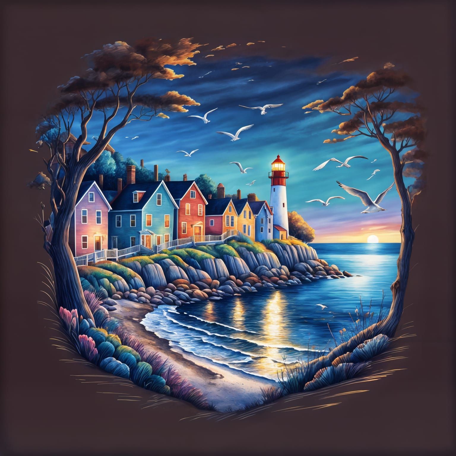 Colourful Coastal Town in Coloured Pencil Illustration