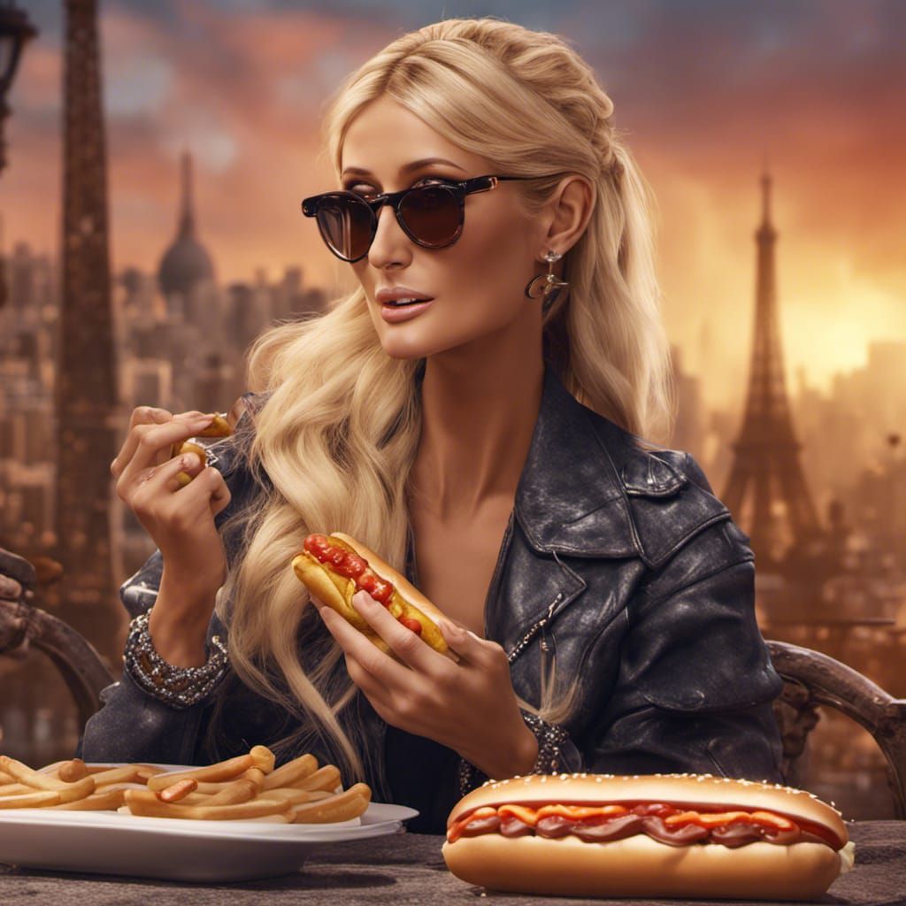 Paris Hilton Eating a Hot Dog in Detailed Painting